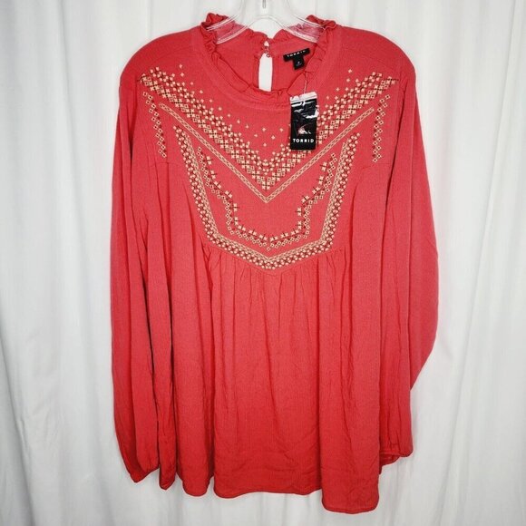 Torrid Top Womens Plus 2XL Tunic Peasant Coral Red Embroidered Boho Cottage NWT - Picture 1 of 9